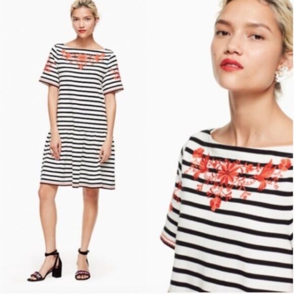 Kate Spade Broom Street Striped Floral Embroidery Drop Waist Ruffle Hem Dress S - Picture 2 of 9